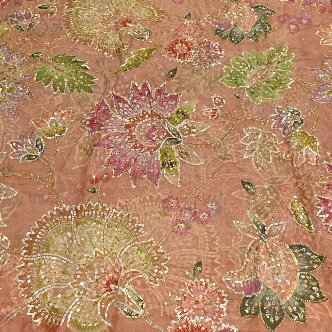 Dyed Viscose Organza Fabric with Position Print, Moti & Sequin Embroidery | H16890-3
