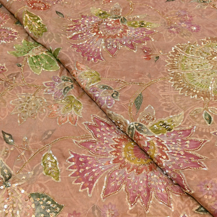 Dyed Viscose Organza Fabric with Position Print, Moti & Sequin Embroidery | H16890-3