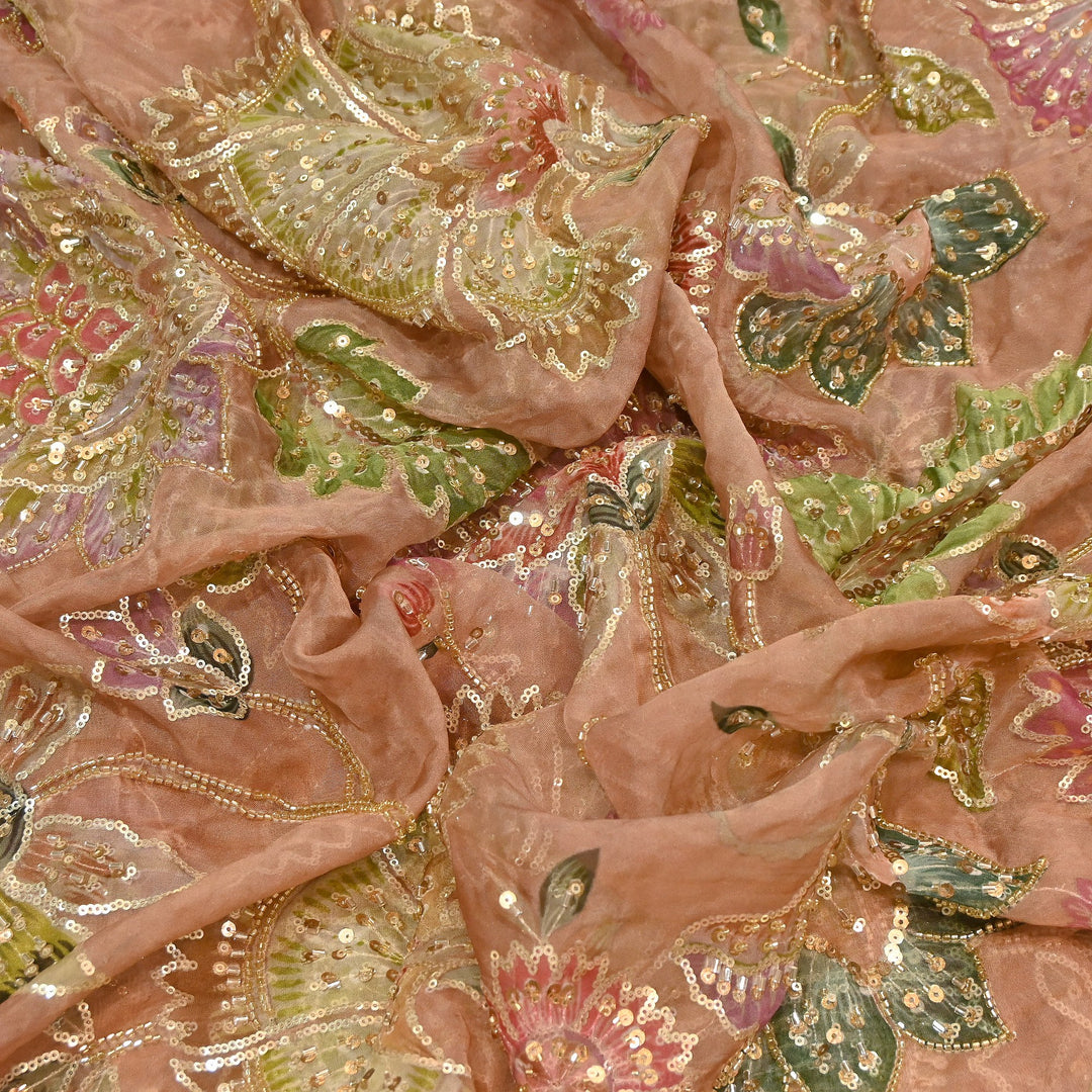 Dyed Viscose Organza Fabric with Position Print, Moti & Sequin Embroidery | H16890-3