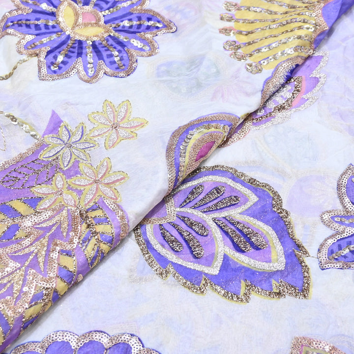 Premium Viscose Organza Position Print Zari & Sequins Embroidery Fabric | Designer Fabric | V2802C-01