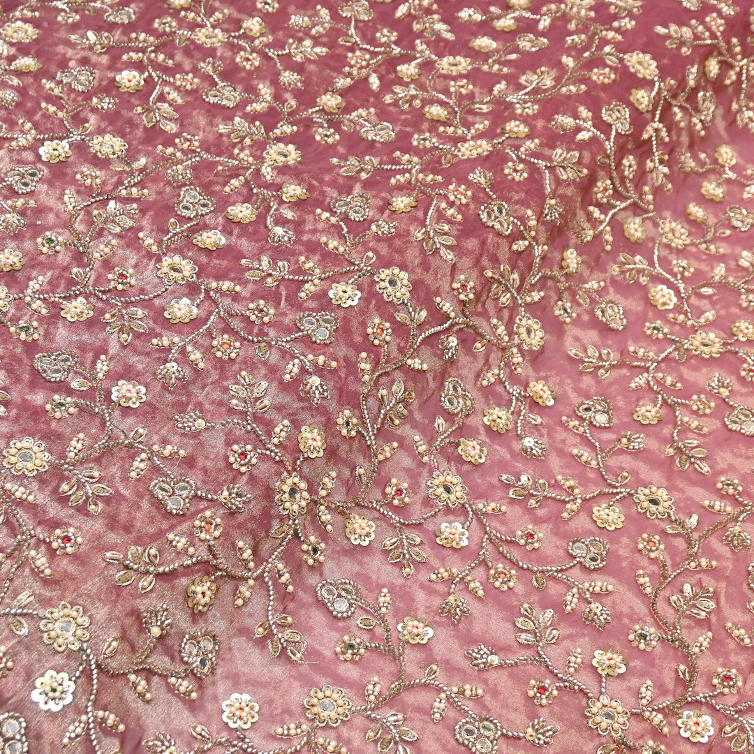 Premium Bamber Tissue Zari & Mirror Embroidery Fabric – Premium Designer Tissue Fabric V2564C-4