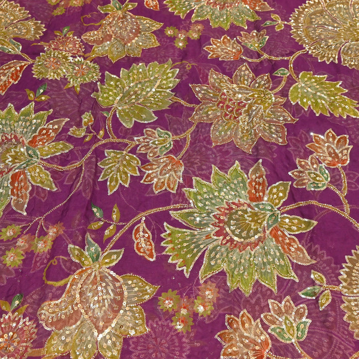 Dyed Viscose Organza Fabric with Position Print, Moti & Sequin Embroidery | H16890-4