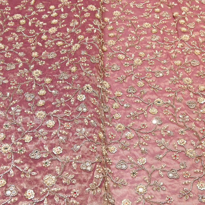 Premium Bamber Tissue Zari & Mirror Embroidery Fabric – Premium Designer Tissue Fabric V2564C-4