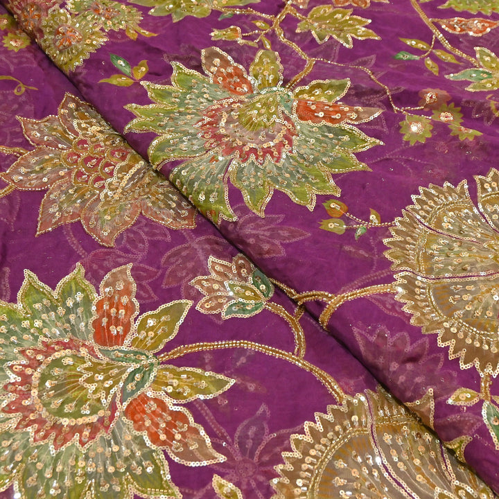 Dyed Viscose Organza Fabric with Position Print, Moti & Sequin Embroidery | H16890-4