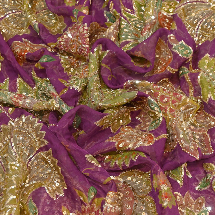 Dyed Viscose Organza Fabric with Position Print, Moti & Sequin Embroidery | H16890-4