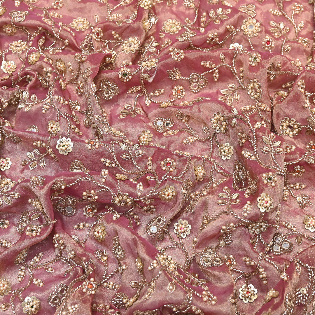 Premium Bamber Tissue Zari & Mirror Embroidery Fabric – Premium Designer Tissue Fabric V2564C-4
