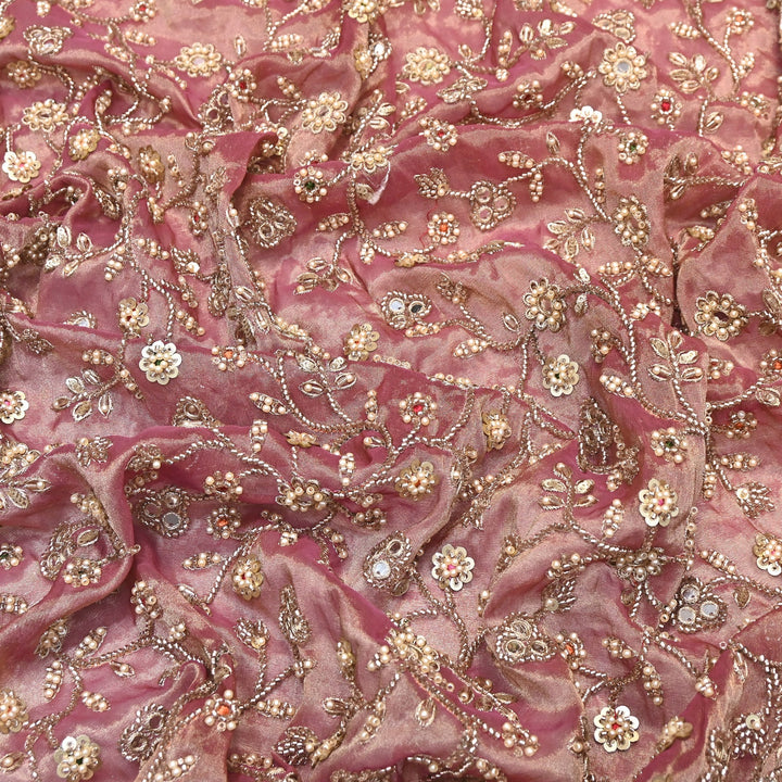 Premium Bamber Tissue Zari & Mirror Embroidery Fabric – Premium Designer Tissue Fabric V2564C-4