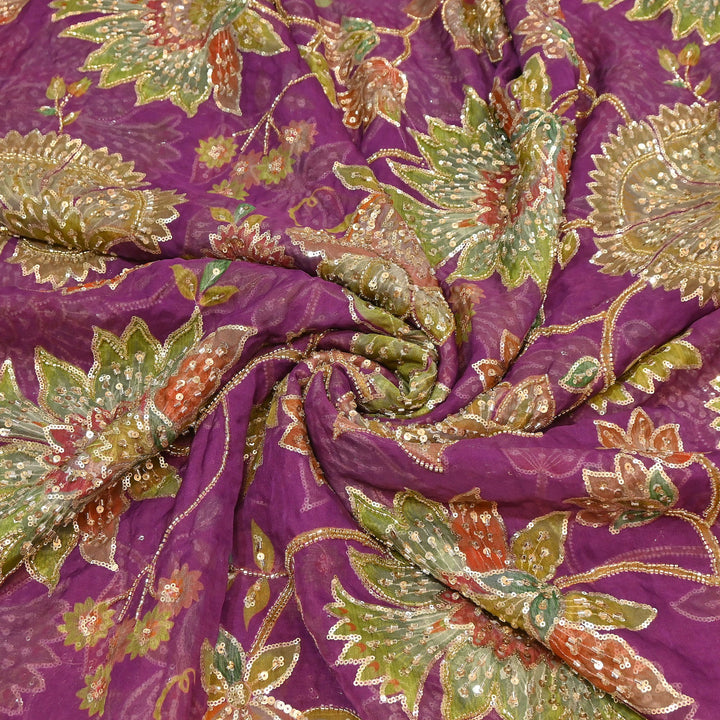 Dyed Viscose Organza Fabric with Position Print, Moti & Sequin Embroidery | H16890-4
