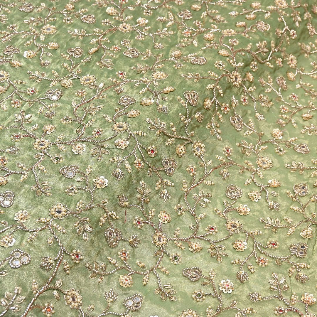 Premium Bamber Tissue Zari & Mirror Embroidery Fabric – Premium Designer Tissue Fabric V2564C-5