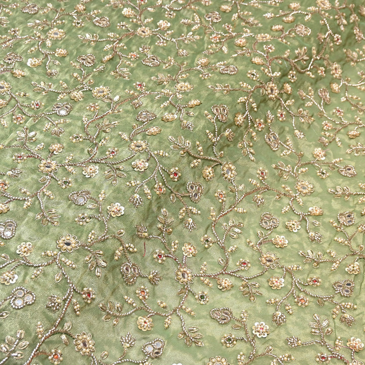 Premium Bamber Tissue Zari & Mirror Embroidery Fabric – Premium Designer Tissue Fabric V2564C-5