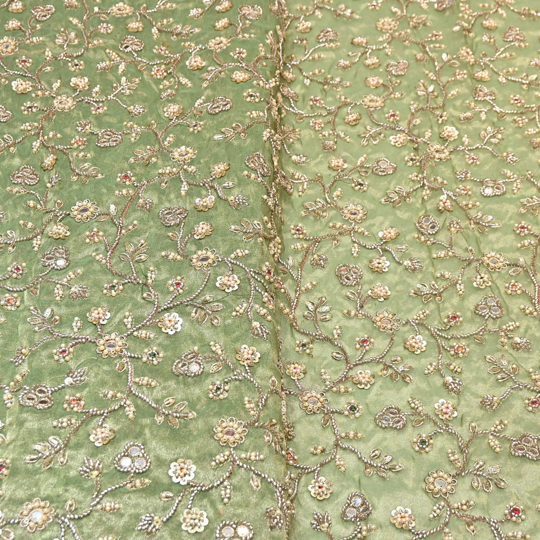 Premium Bamber Tissue Zari & Mirror Embroidery Fabric – Premium Designer Tissue Fabric V2564C-5
