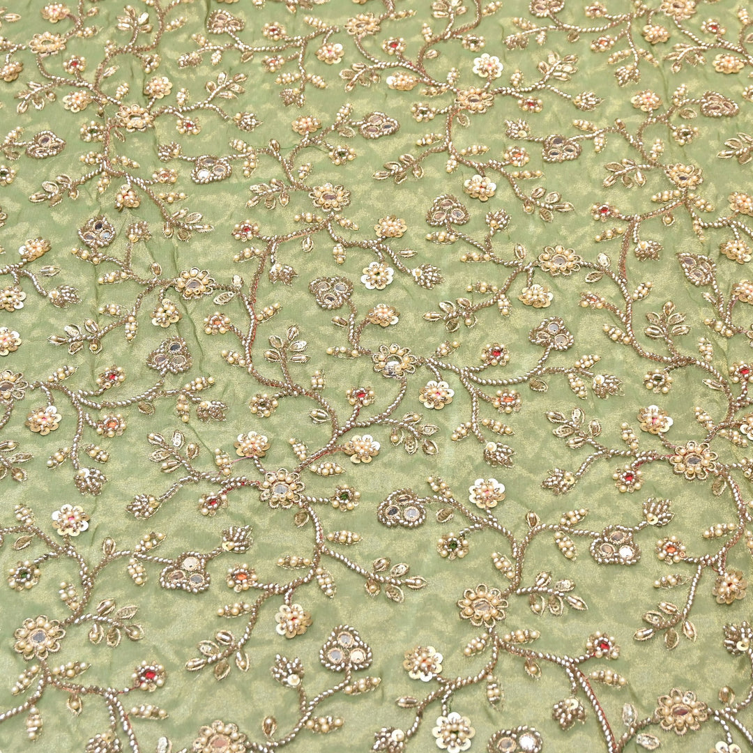 Premium Bamber Tissue Zari & Mirror Embroidery Fabric – Premium Designer Tissue Fabric V2564C-5