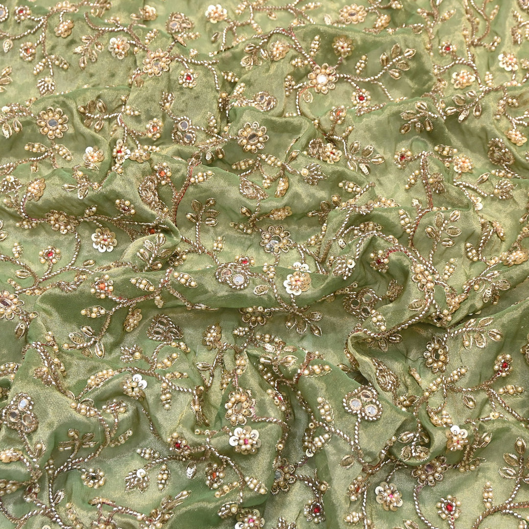 Premium Bamber Tissue Zari & Mirror Embroidery Fabric – Premium Designer Tissue Fabric V2564C-5