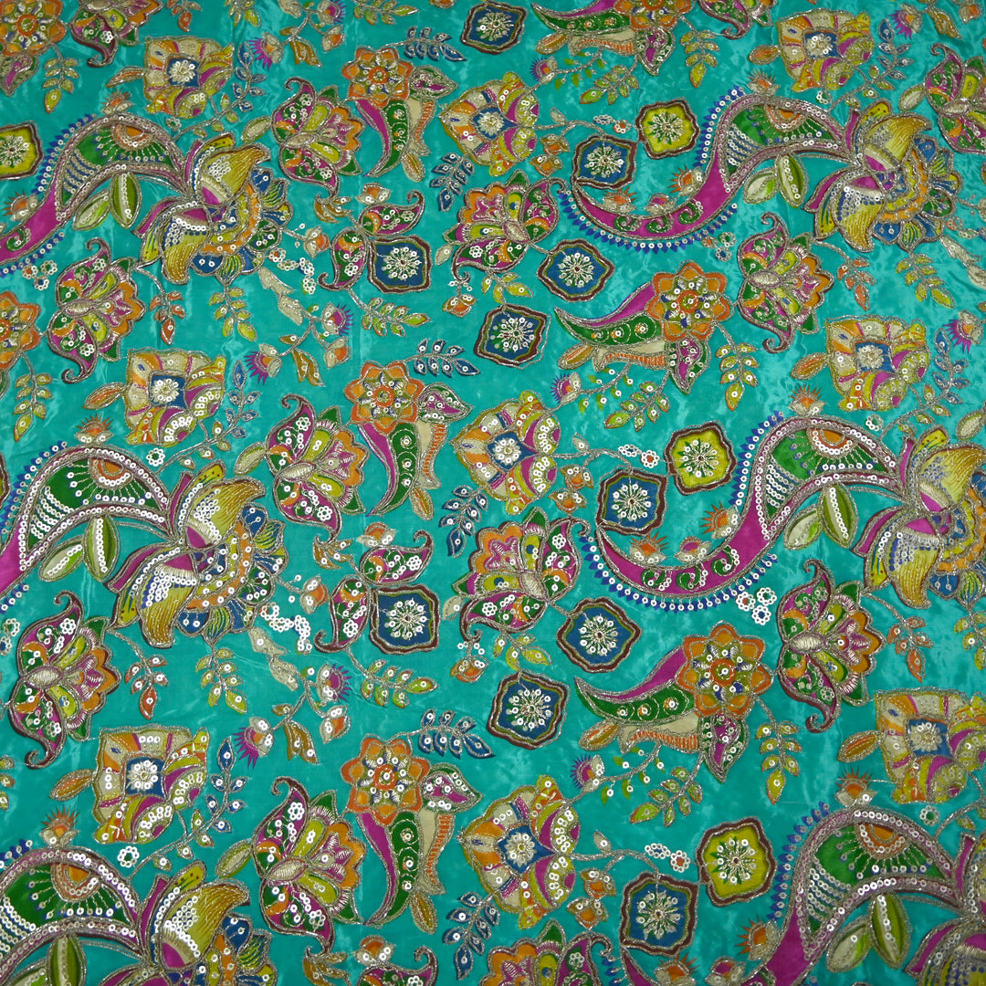 Crape Position Print Zari Sequence Embroidery Fabrics