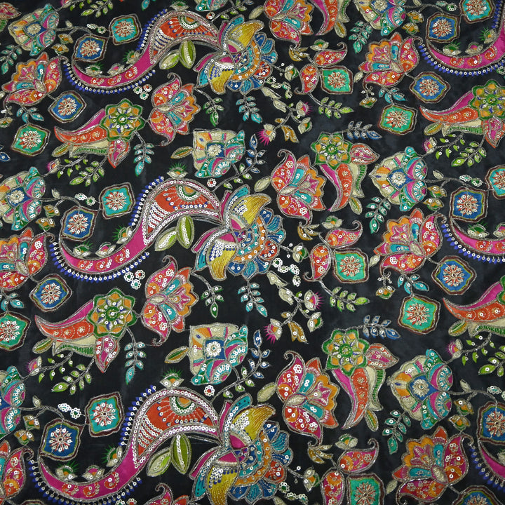 Crape Position Print Zari Sequence Embroidery Fabrics