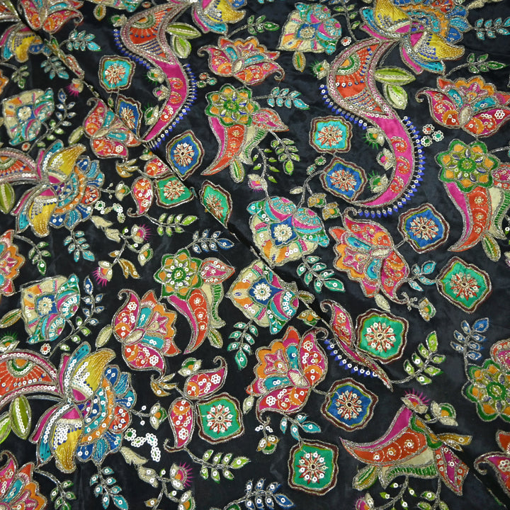 Crape Position Print Zari Sequence Embroidery Fabrics