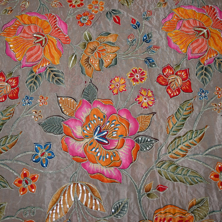 Crape Position Print Zari Sequence Embroidery Fabrics