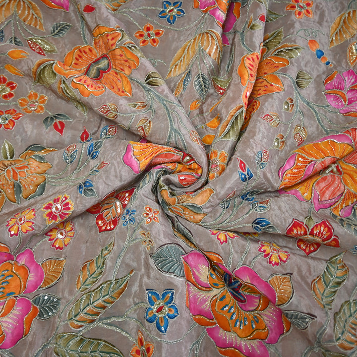 Crape Position Print Zari Sequence Embroidery Fabrics