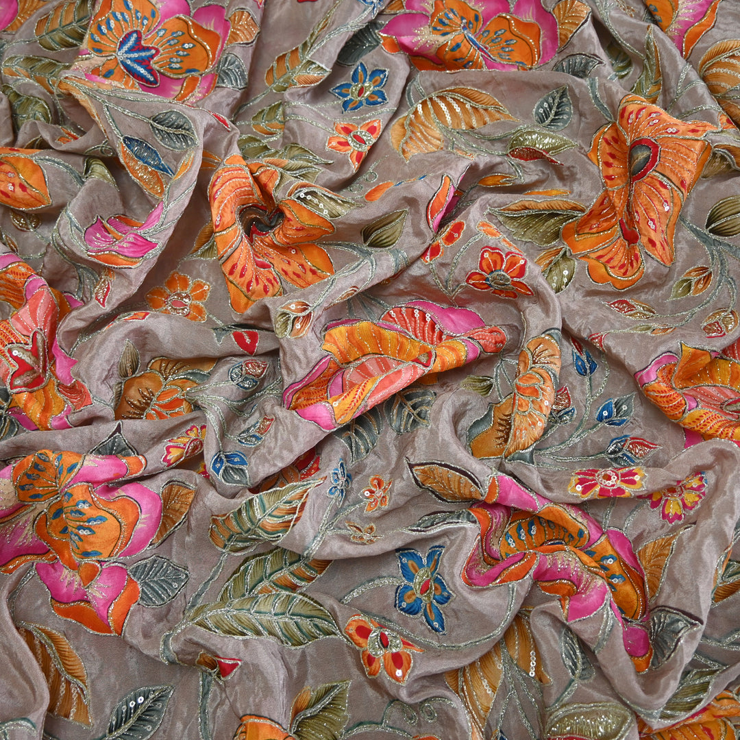 Crape Position Print Zari Sequence Embroidery Fabrics