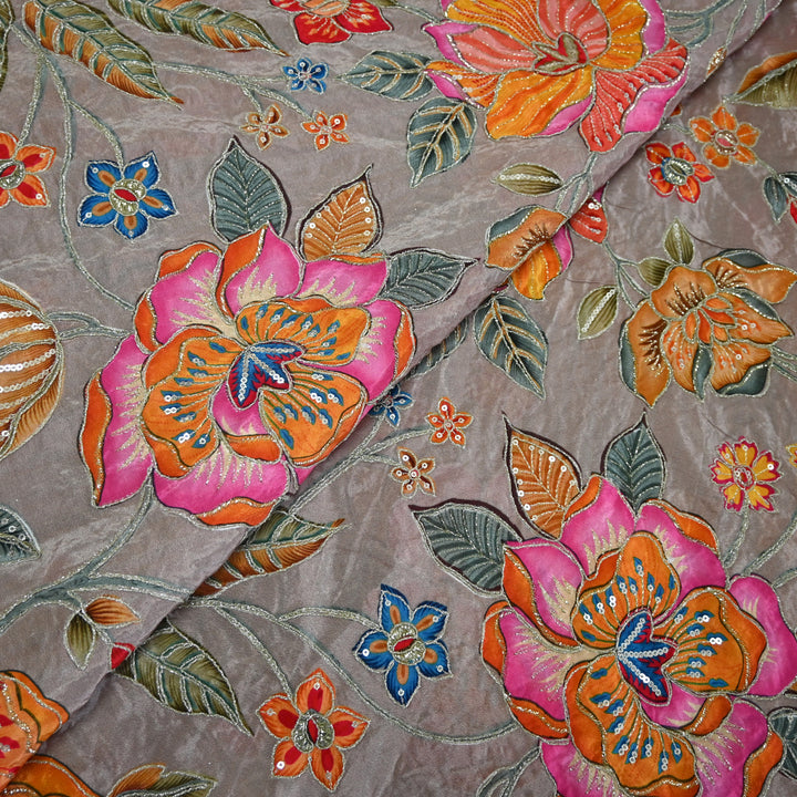 Crape Position Print Zari Sequence Embroidery Fabrics