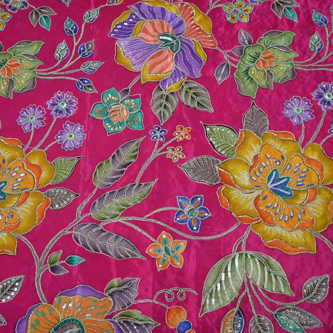 Crape Position Print Zari Sequence Embroidery Fabrics