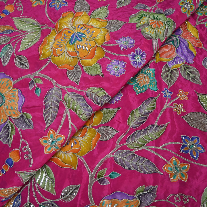 Crape Position Print Zari Sequence Embroidery Fabrics