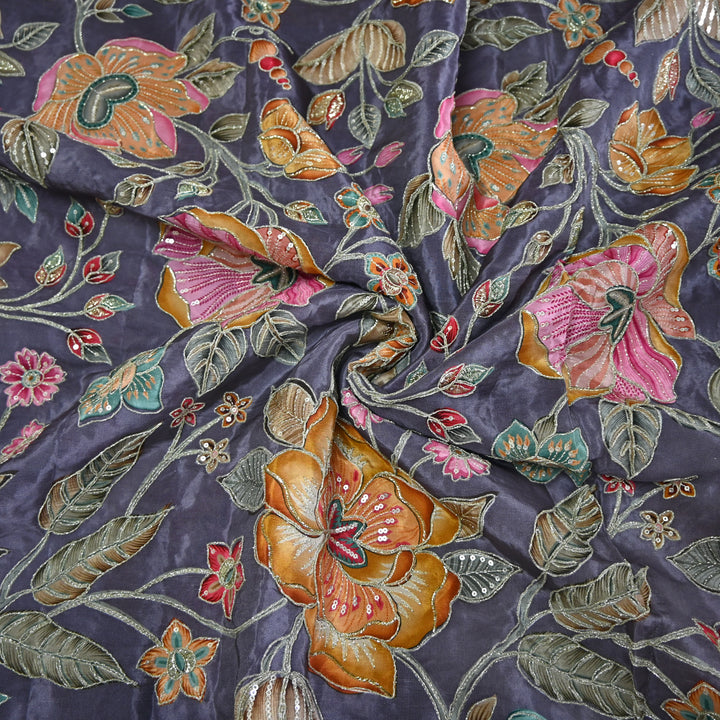 Crape Position Print Zari Sequence Embroidery Fabrics