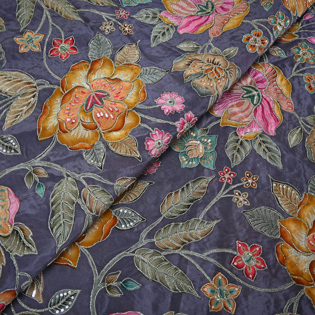 Crape Position Print Zari Sequence Embroidery Fabrics