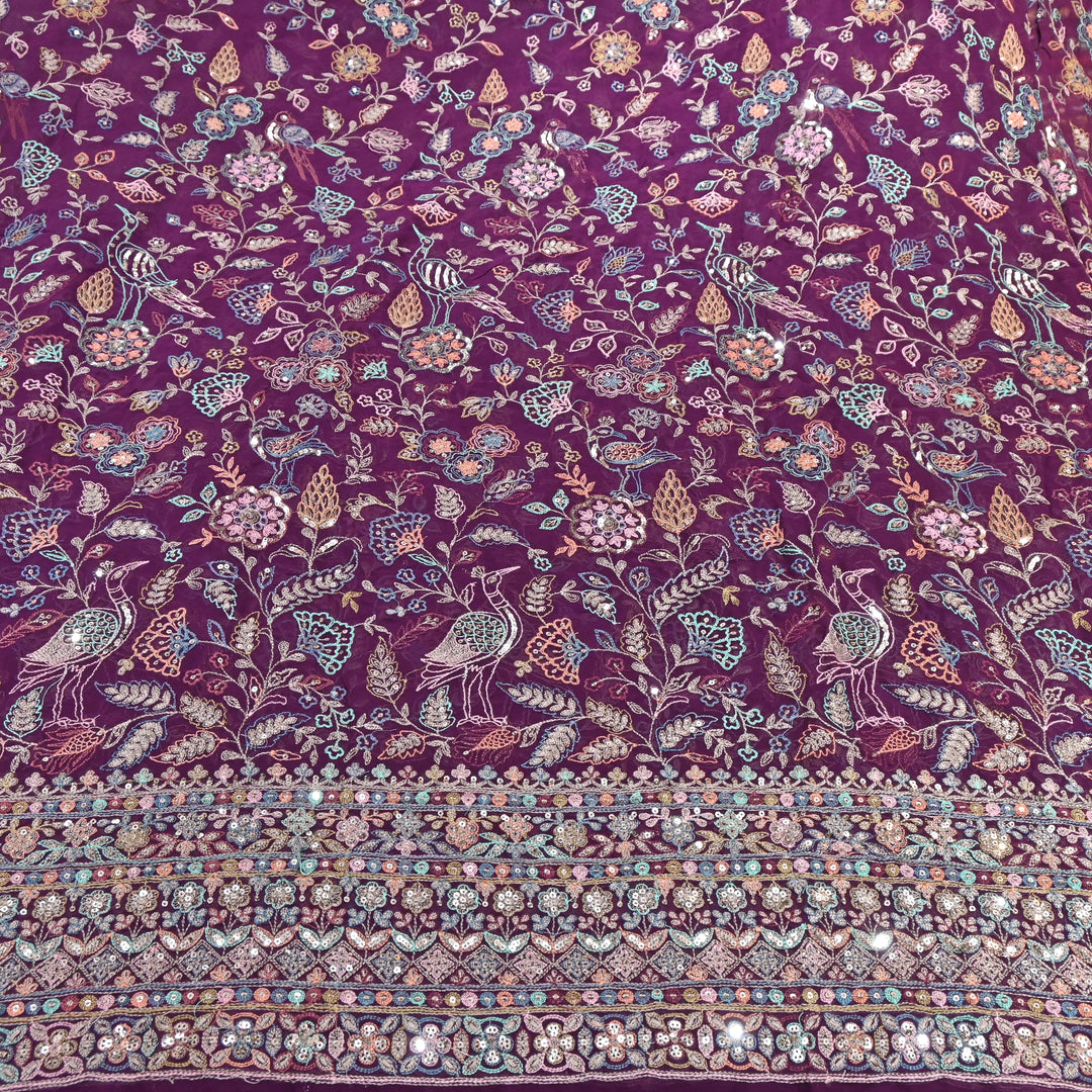 Wine Purple Color Georgette Bird Motif Thread & Sequins Embroidery Fabric  – Multicolor Designer Fabric D28651-1