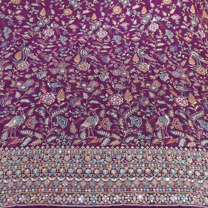 Wine Purple Color Georgette Bird Motif Thread & Sequins Embroidery Fabric  – Multicolor Designer Fabric D28651-1