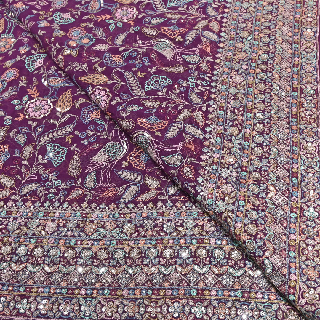 Wine Purple Color Georgette Bird Motif Thread & Sequins Embroidery Fabric  – Multicolor Designer Fabric D28651-1
