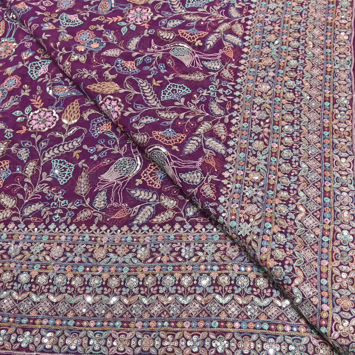 Wine Purple Color Georgette Bird Motif Thread & Sequins Embroidery Fabric  – Multicolor Designer Fabric D28651-1