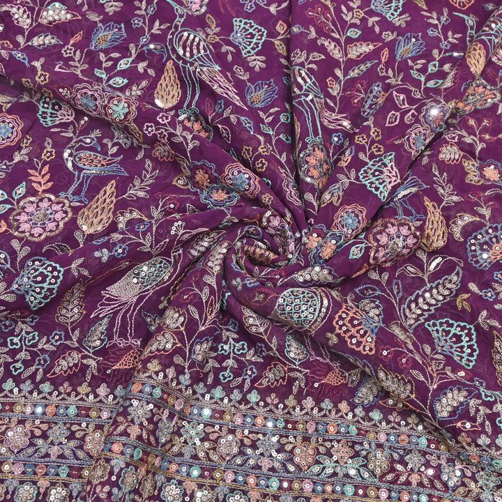 Wine Purple Color Georgette Bird Motif Thread & Sequins Embroidery Fabric  – Multicolor Designer Fabric D28651-1
