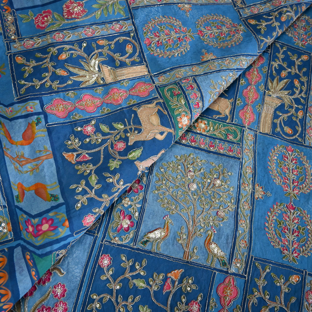 Crape Position Print Zari Sequence Embroidery Fabrics