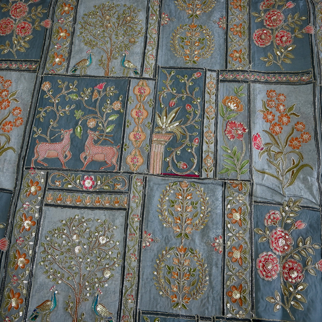 Crape Position Print Zari Sequence Embroidery Fabrics