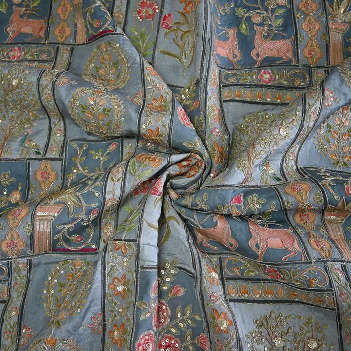 Crape Position Print Zari Sequence Embroidery Fabrics