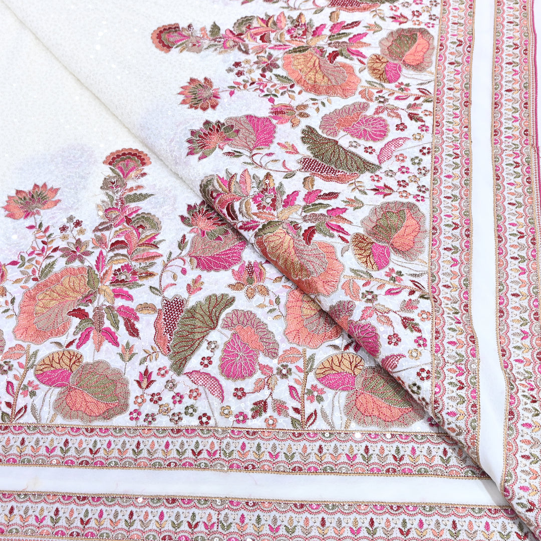 White Color Georgette Multi Thread & Sequins Embroidery – Designer Embroidered Fabric - D28469-3
