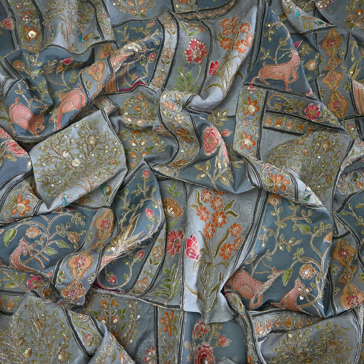 Crape Position Print Zari Sequence Embroidery Fabrics