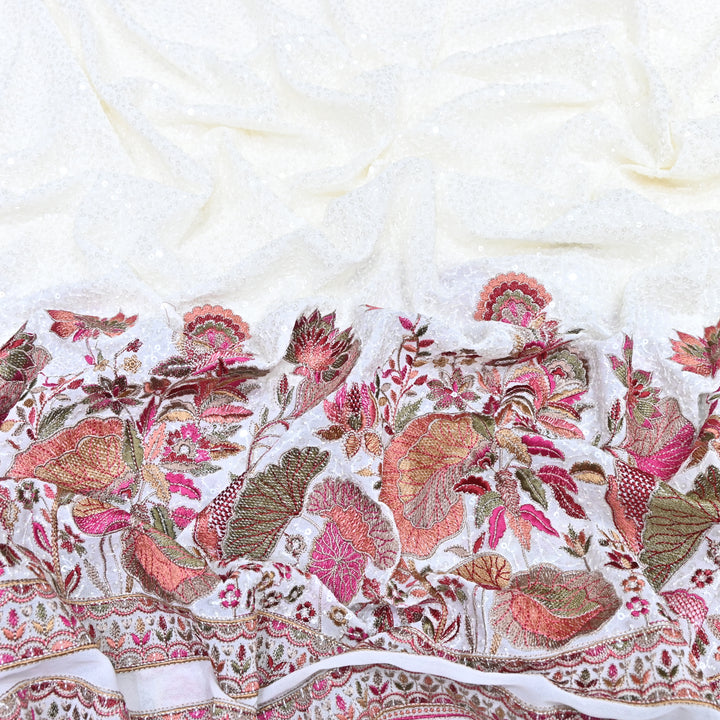 White Color Georgette Multi Thread & Sequins Embroidery – Designer Embroidered Fabric - D28469-3