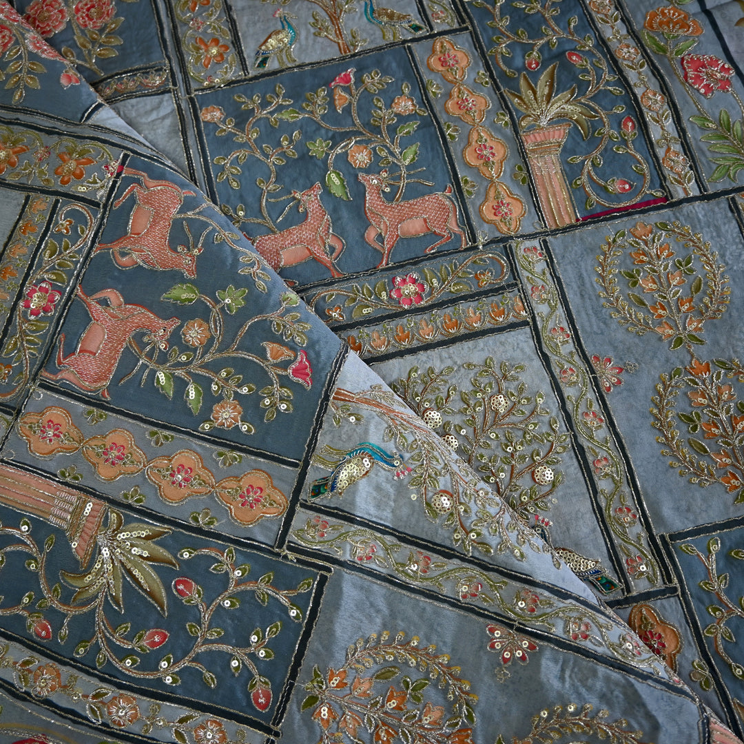 Crape Position Print Zari Sequence Embroidery Fabrics