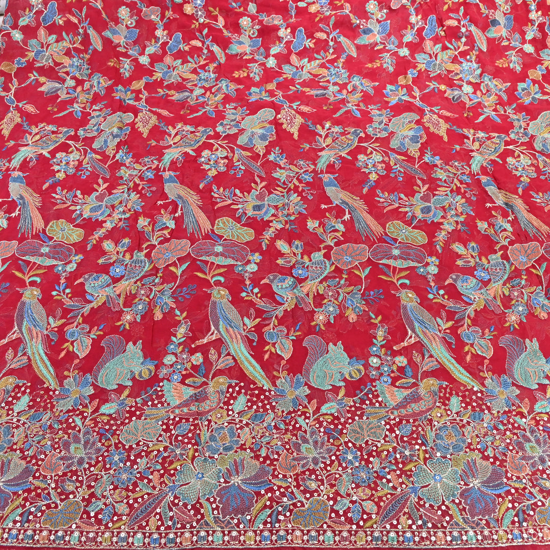 Red Georgette Colorful Bird & Floral Embroidery Fabrics 54" – Designer Embroidered Fabric D20774-4