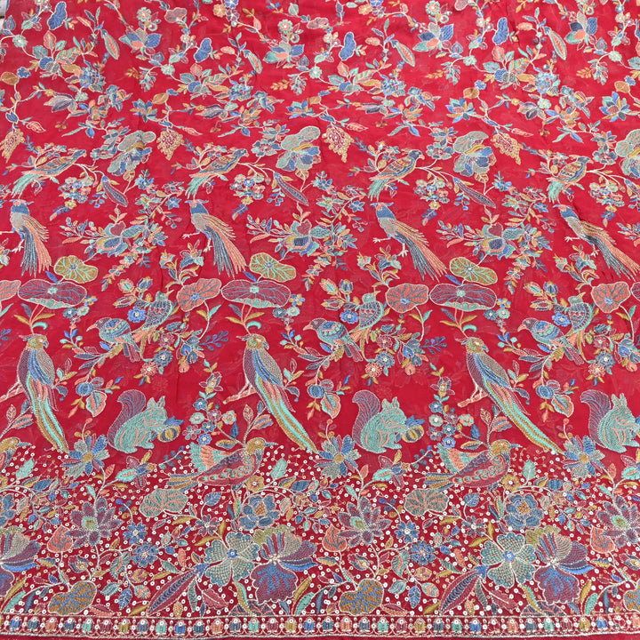 Red Georgette Colorful Bird & Floral Embroidery Fabrics 54" – Designer Embroidered Fabric D20774-4