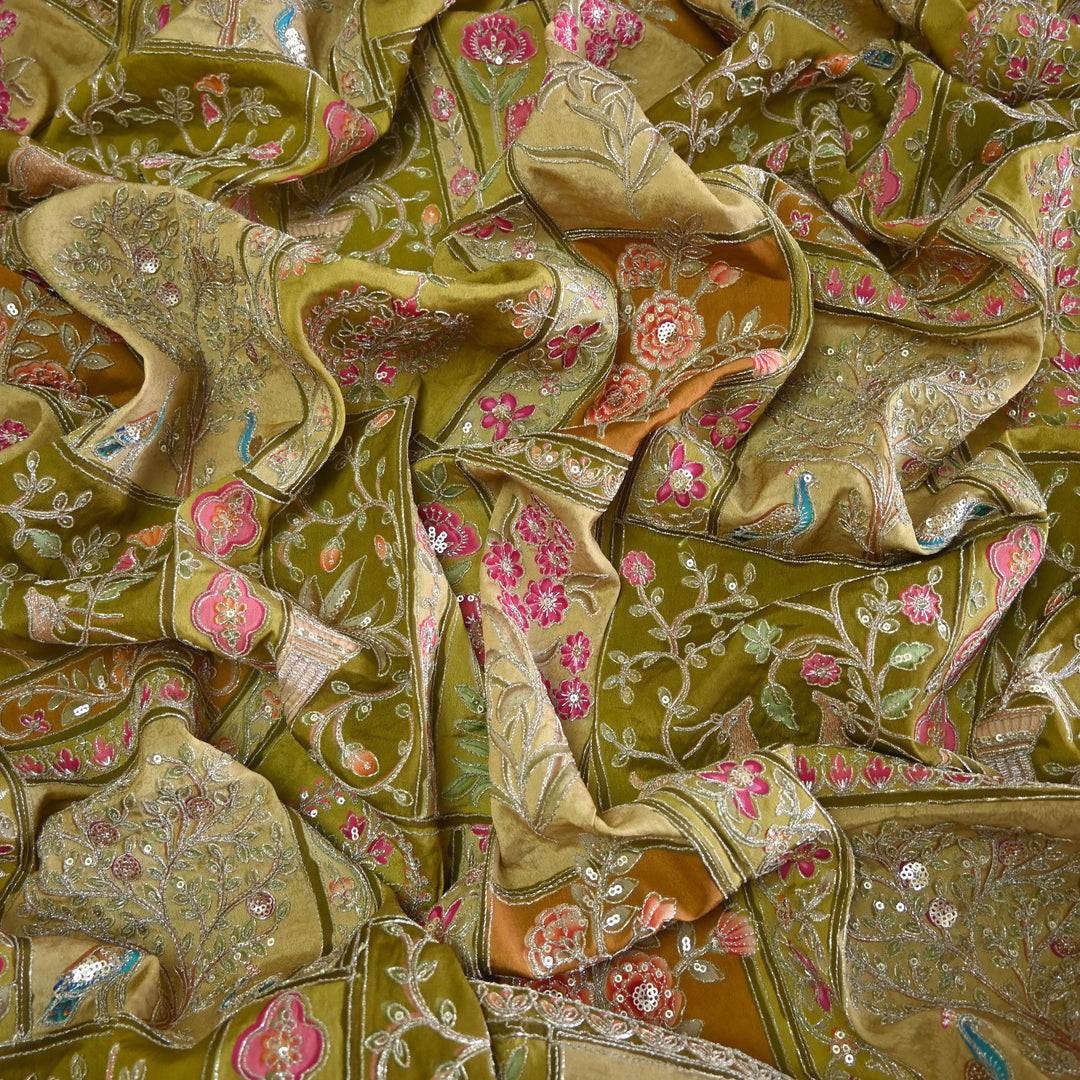 Crape Position Print Zari Sequence Embroidery Fabrics