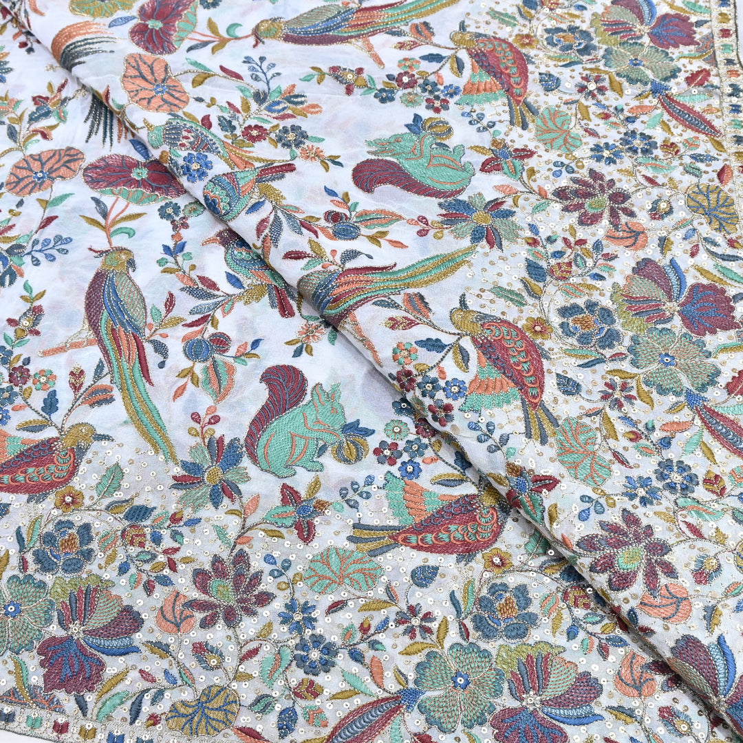 White Georgette Colorful Bird & Floral Embroidery Fabrics 54" – Designer Embroidered Fabric D20774-1
