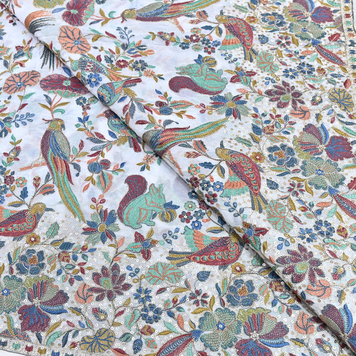 White Georgette Colorful Bird & Floral Embroidery Fabrics 54" – Designer Embroidered Fabric D20774-1