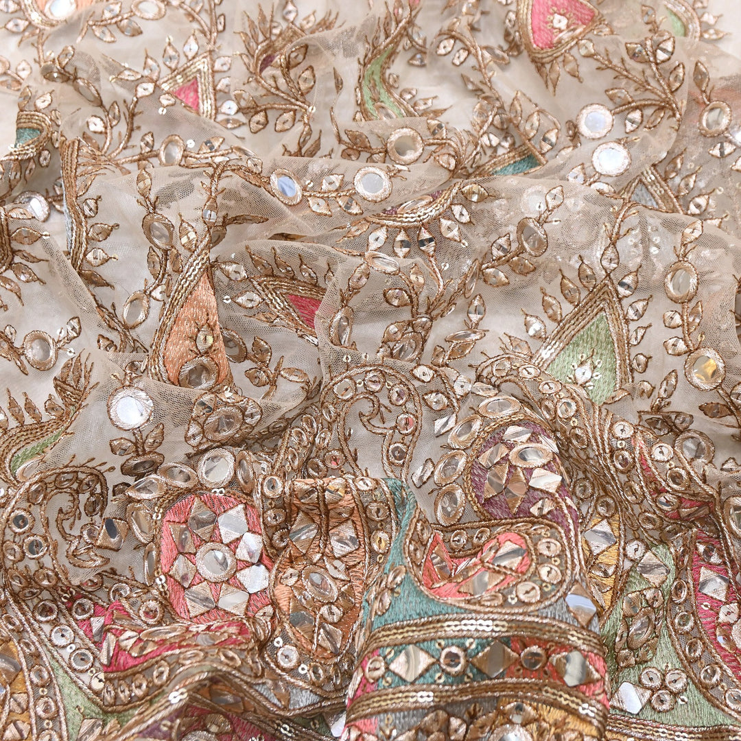 Premium Net Moti Mirror & Sequins Embroidery Fabric 54" | Designer Fabrics | V2344C