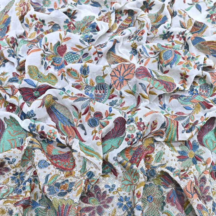 White Georgette Colorful Bird & Floral Embroidery Fabrics 54" – Designer Embroidered Fabric D20774-1