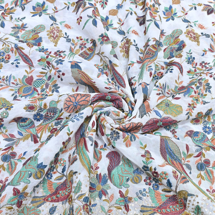 White Georgette Colorful Bird & Floral Embroidery Fabrics 54" – Designer Embroidered Fabric D20774-1