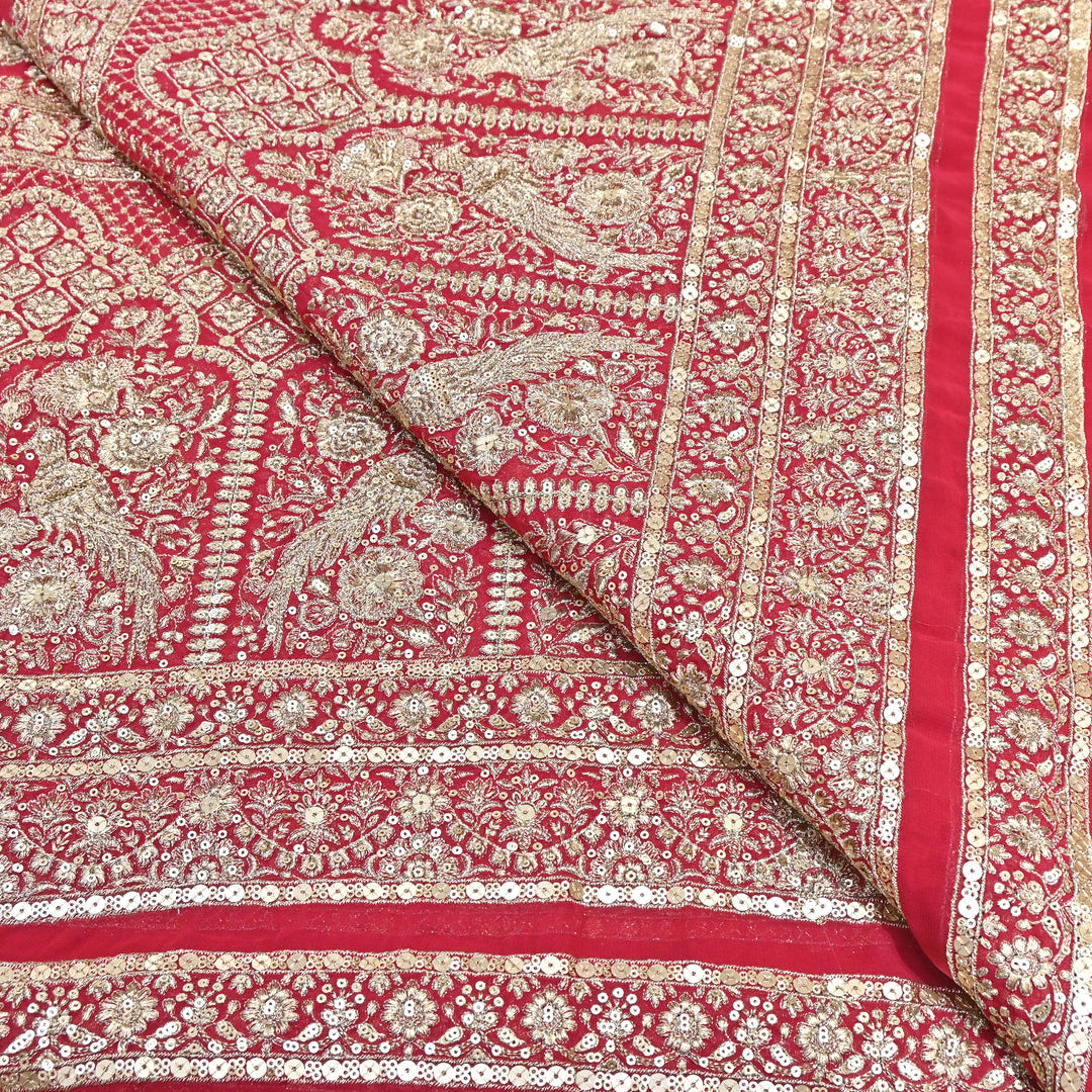 Royal Red Georgette Bridal Embroidery Fabric with Gold Thread & Sequins Work D28989