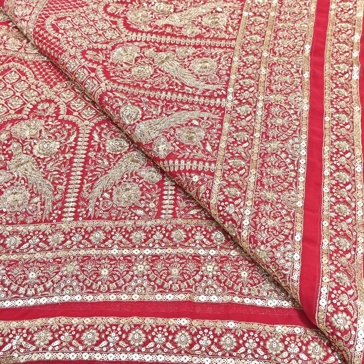 Royal Red Georgette Bridal Embroidery Fabric with Gold Thread & Sequins Work D28989